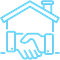 blue icon of shaking hands in front of the outline of a house