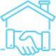 blue icon of shaking hands in front of the outline of a house