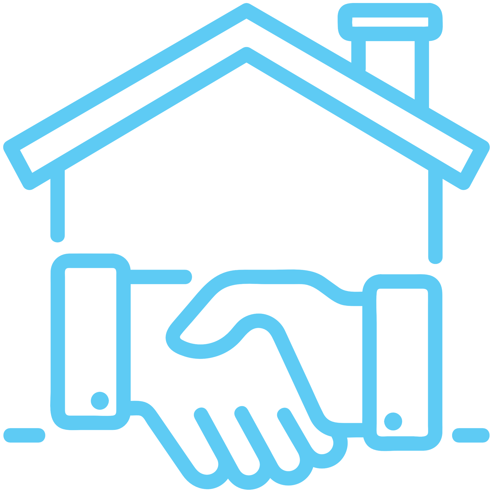 blue icon of shaking hands in front of the outline of a house