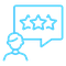 blue icon of the outline of a person with a speech bubble containing 3 stars