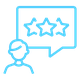 blue icon of the outline of a person with a speech bubble containing 3 stars