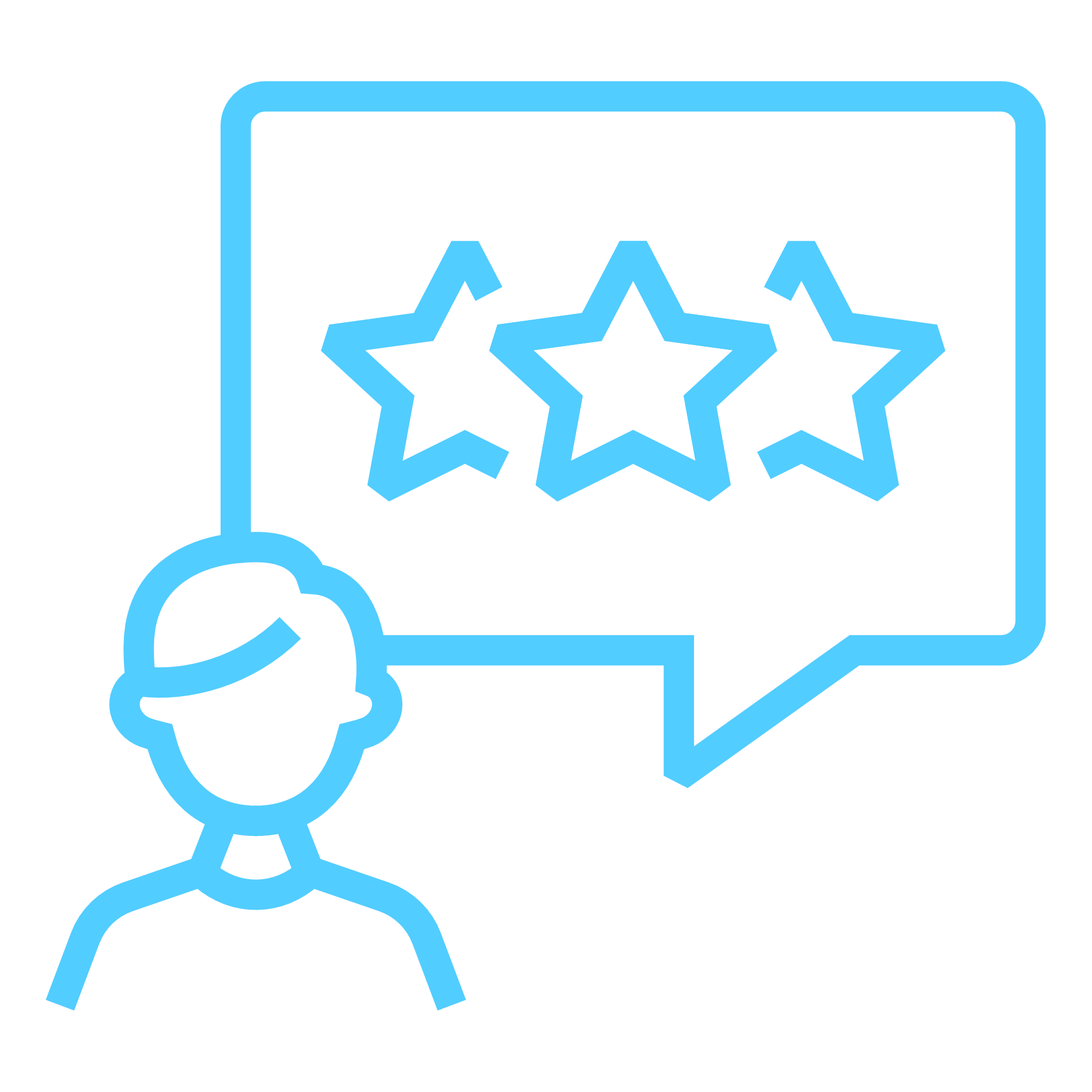 blue icon of the outline of a person with a speech bubble containing 3 stars