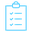 blue icon of the outline of a clipboard with 3 ticks on it
