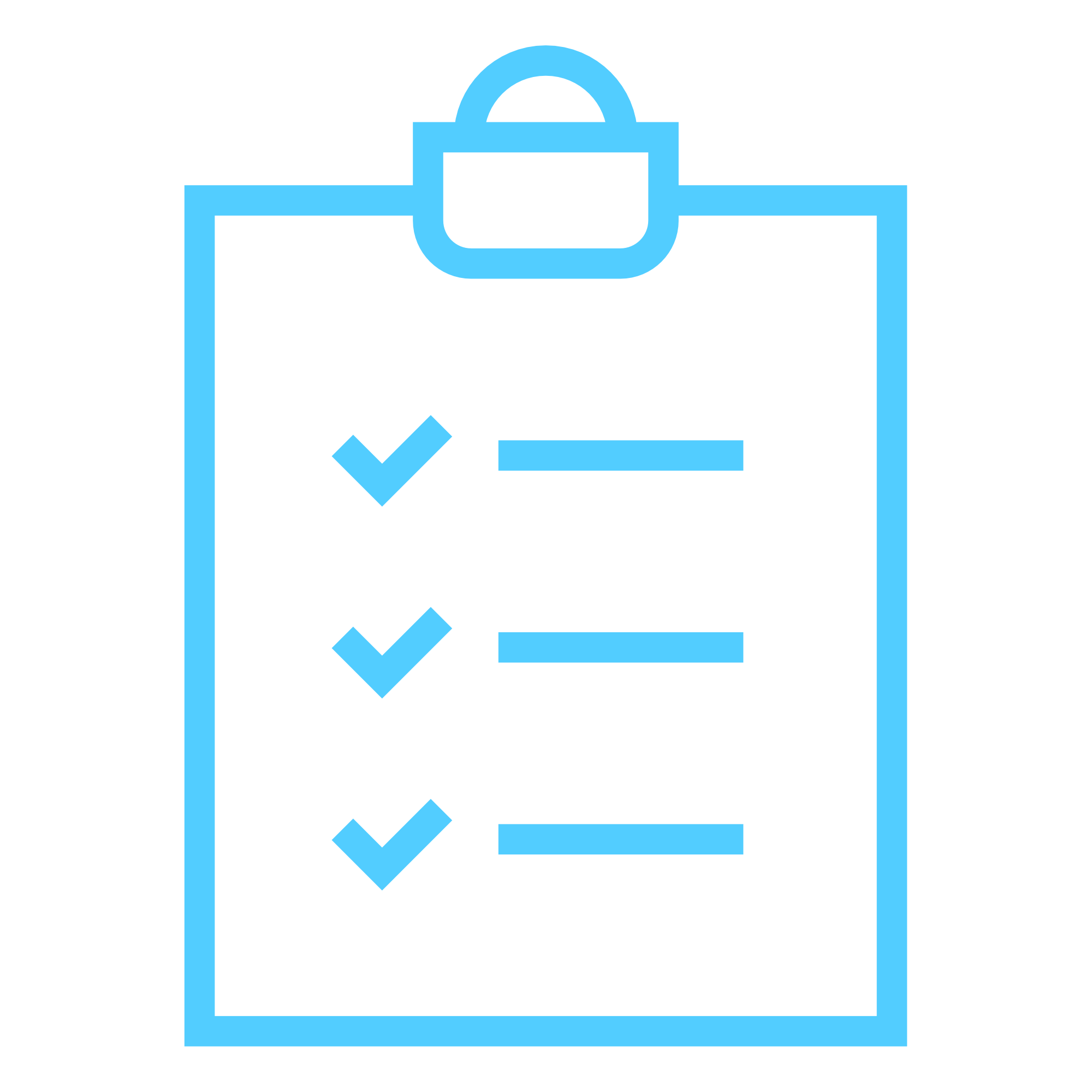 blue icon of the outline of a clipboard with 3 ticks on it