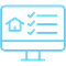 blue icon of a computer screen with a house symbol and ticks next to it