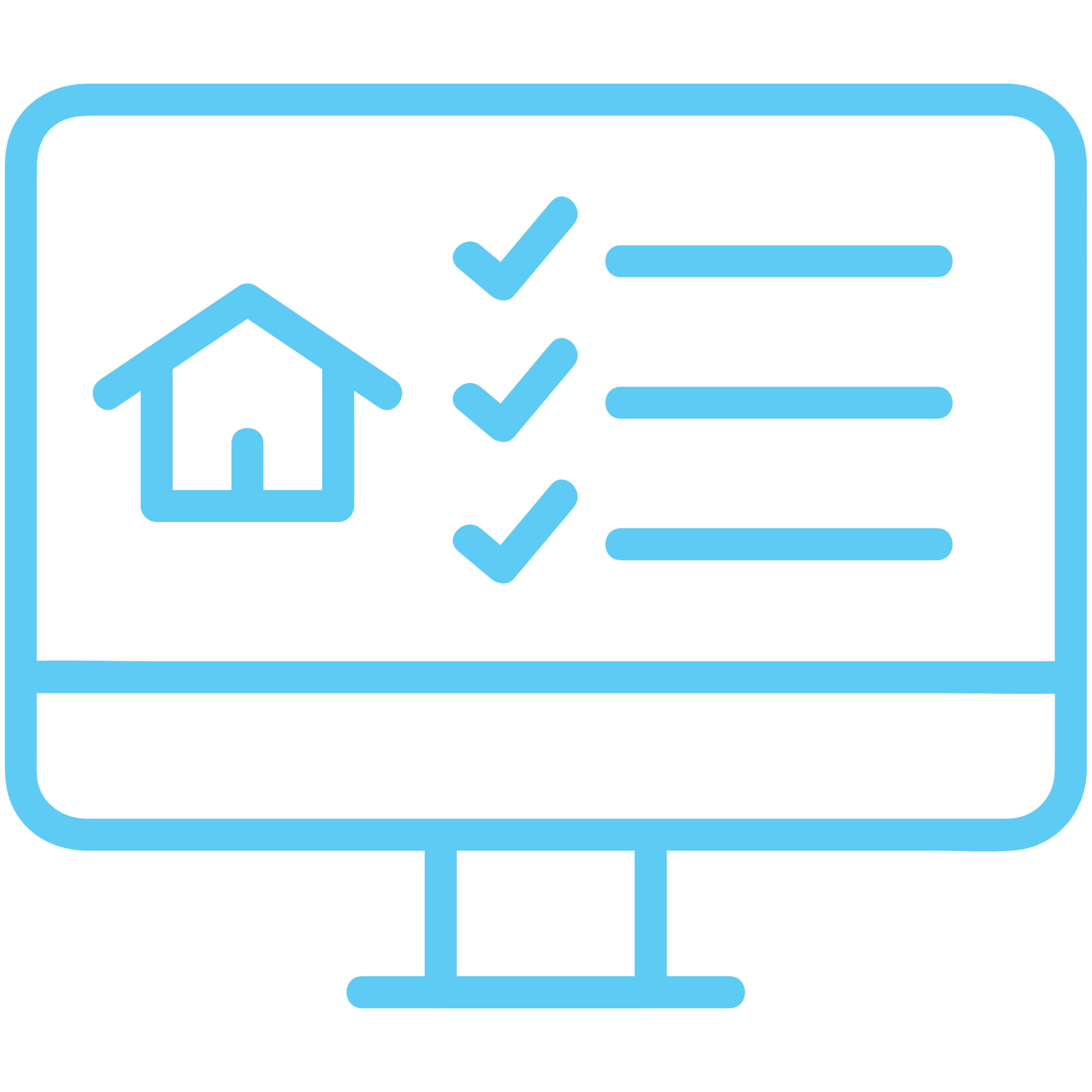 blue icon of a computer screen with a house symbol and ticks next to it