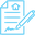 A blue, stylized illustration of a pen signing a piece of paper