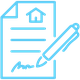 A blue, stylized illustration of a pen signing a piece of paper