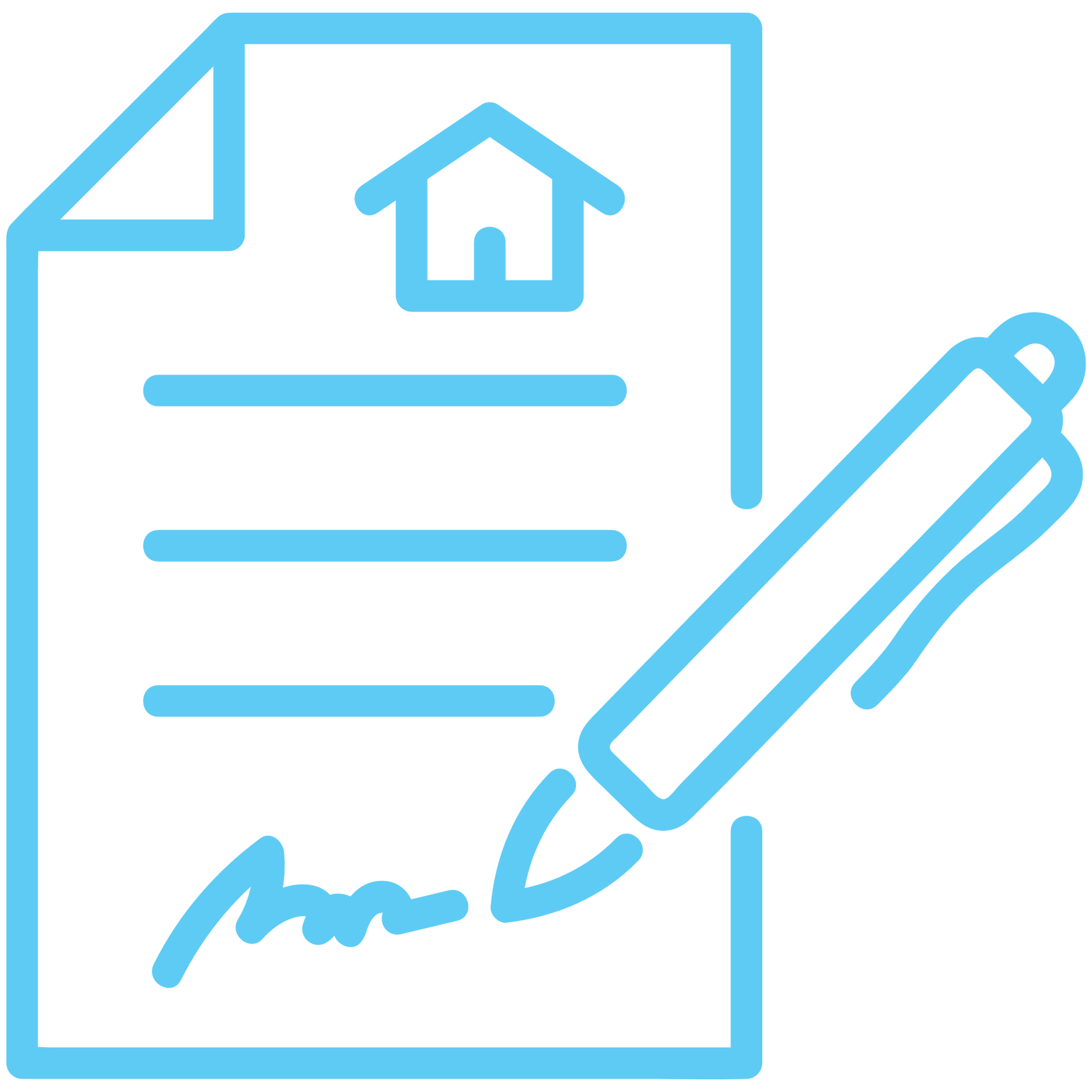 A blue, stylized illustration of a pen signing a piece of paper
