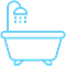 blue icon of a bath tub with a shower head over the top