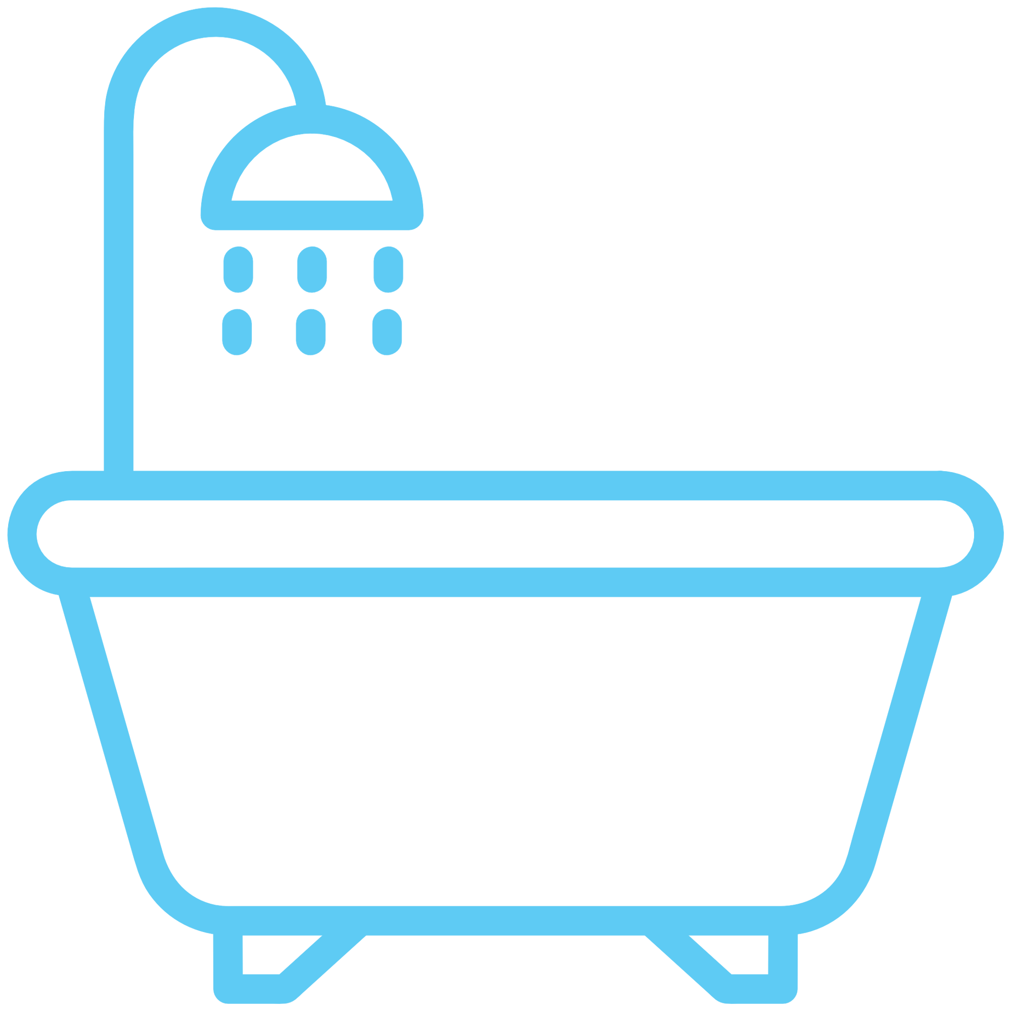 blue icon of a bath tub with a shower head over the top