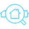 Blue line icon of a magnifying glass over a house, with two smaller house outlines in the background, symbolizing property searches.