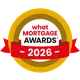 Gold and red circular badge for the "What Mortgage Awards 2026" with a central red ribbon.