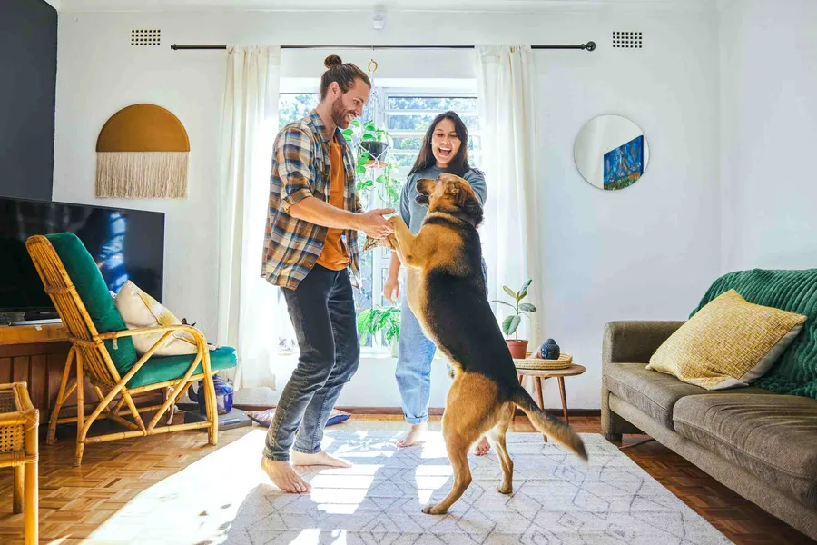 a young couple happily dancing and playing with their dog in their new home