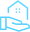 Outline of a hand holding a house with a grid-like pattern, depicted in light blue, representing real estate or home care.