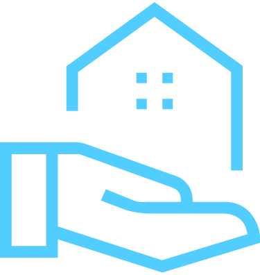 Outline of a hand holding a house with a grid-like pattern, depicted in light blue, representing real estate or home care.