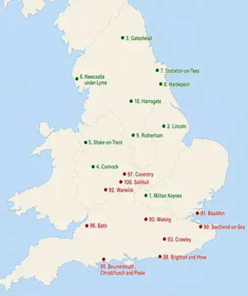 Map showing England’s top and bottom 10 green areas