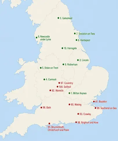 Map showing England’s top and bottom 10 green areas