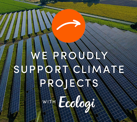 Solar panels in a field with text overlay: "We proudly support climate projects with Ecologi."