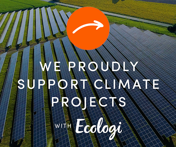 Aerial view of solar panels with text: "We proudly support climate projects with Ecologi" and an orange logo with a white arrow.