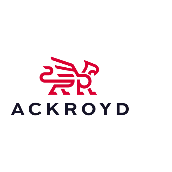 Red stylized winged griffin forming an 'R' above dark uppercase text "ACKROYD".