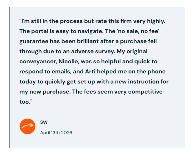 Customer review praising a firm for easy navigation, helpful staff, and competitive fees. Dated April 13th, 2026, by user SW.