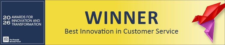 Award banner reading "Winner: Best Innovation in Customer Service," with folded paper bird design and "2026 Awards for Innovation and Transformation" text.
