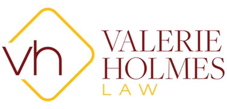 Logo for Valerie Holmes Law, featuring a stylized "vh" in a yellow diamond and the name in red and "LAW" in yellow text.