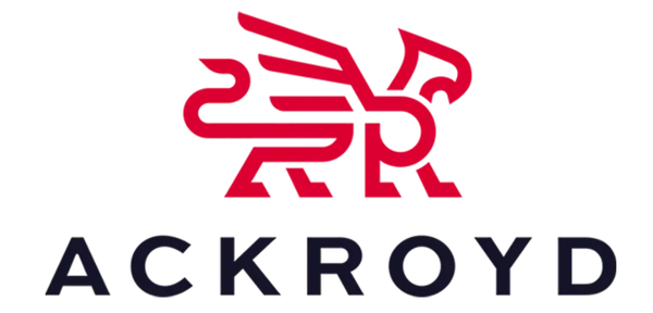 Red stylized griffin above bold dark "ACKROYD" text.