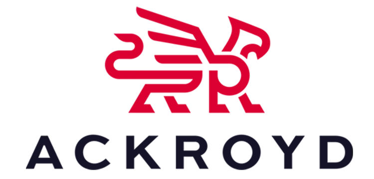 Red stylized griffin above bold dark "ACKROYD" text.
