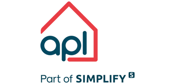 Red house outline logo with the initials "apl" written in blue inside and the words part of SIMPLIFY" underneath, both in the same dark blue colour.