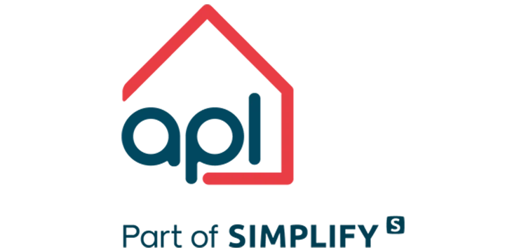 Red house outline logo with the initials "apl" written in blue inside and the words part of SIMPLIFY" underneath, both in the same dark blue colour.