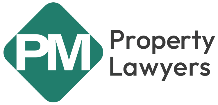 Green diamond logo with the letters PM inside on the left and the text "Property Lawyers" written in black to the right of the logo