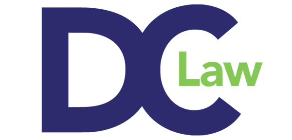 Navy blue large letters D C with the text "Law" written in lime green to the right.