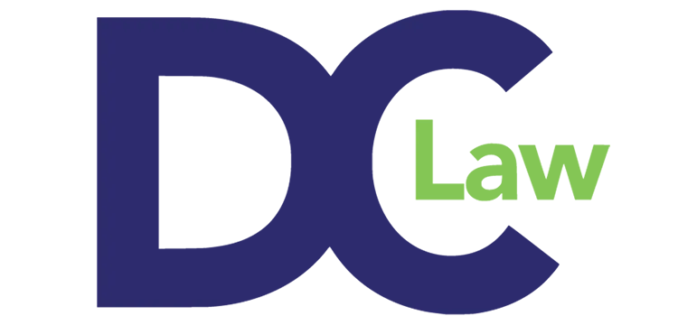 Navy blue large letters D C with the text "Law" written in lime green to the right.