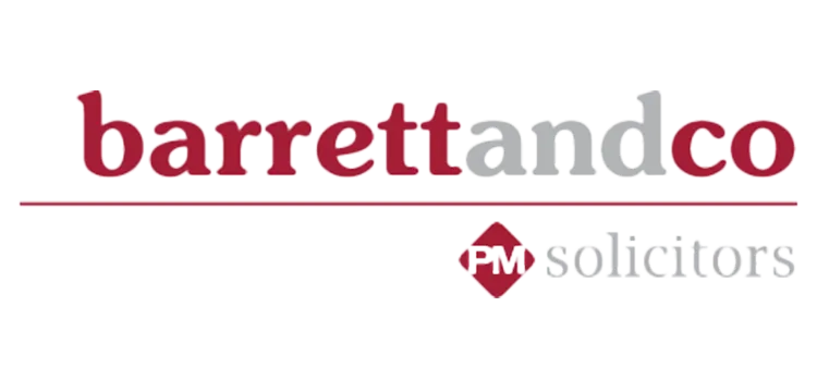 Logo of Barrett and Co Solicitors, featuring the text in red and grey with a diamond pattern including the initials PM next to "solicitors."