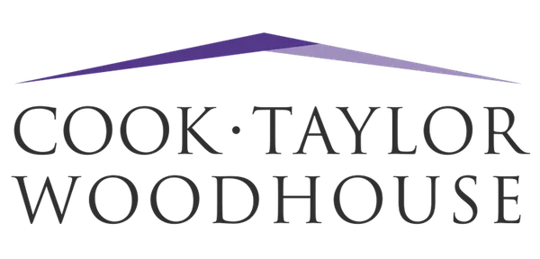 Stylized illustration of a slanted roof in purple over black horizontal text "Cook Taylor Woodhouse", suggesting architectural or construction theme.
