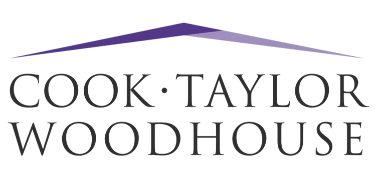 Stylized illustration of a slanted roof in purple over black horizontal text "Cook Taylor Woodhouse", suggesting architectural or construction theme.
