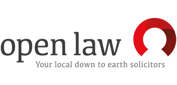 Red arch logo with the text open law, your local down to earth solicitors to the left of the red curved outline
