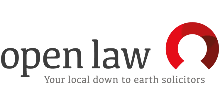 Red arch logo with the text open law, your local down to earth solicitors to the left of the red curved outline