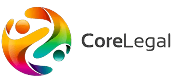A colorful, abstract logo with interlocking figures next to the text "CoreLegal".