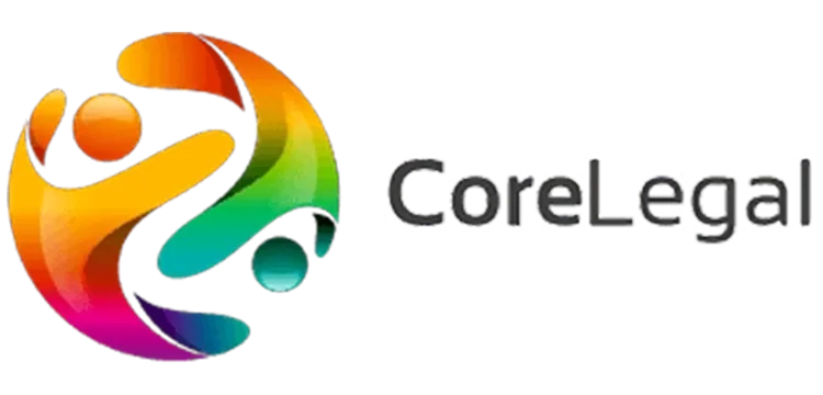 A colorful, abstract logo with interlocking figures next to the text "CoreLegal".