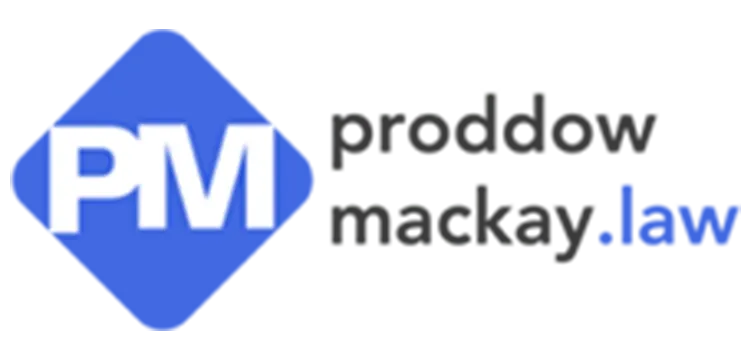 Blue hexagon with white "PM" text on left and black text on right of "Proddow Mackay.Law"
