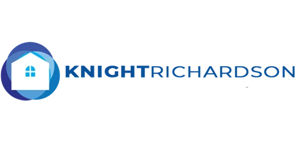 Blue and white logo with a house icon on the left and text beside it, set against a gradient blue background.
