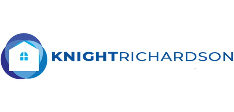 Blue and white logo with a house icon on the left and text beside it, set against a gradient blue background.