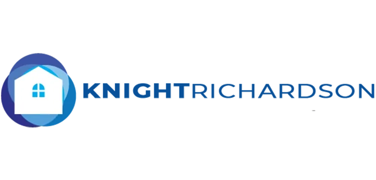 Blue and white logo with a house icon on the left and text beside it, set against a gradient blue background.