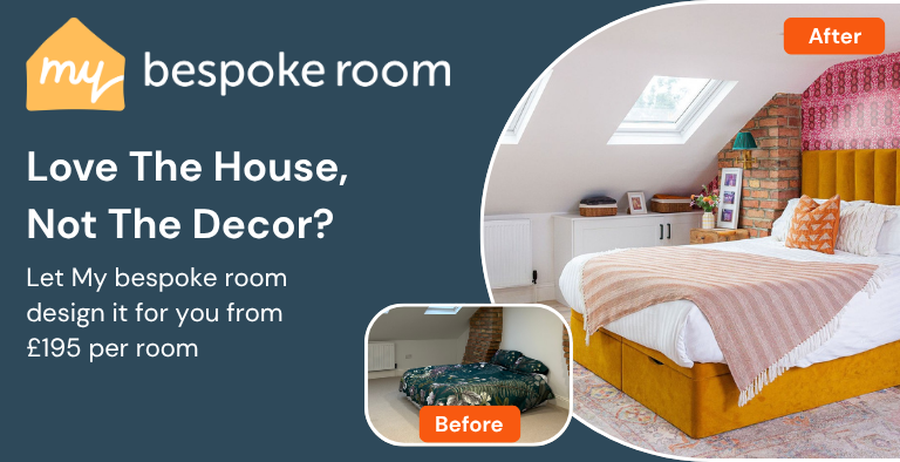 Ad for My Bespoke Room: Before and after bedroom makeover with bright decor, starting from £195 per room.