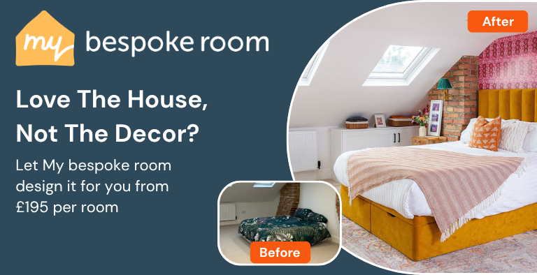 Ad for My Bespoke Room: Before and after bedroom makeover with bright decor, starting from £195 per room.