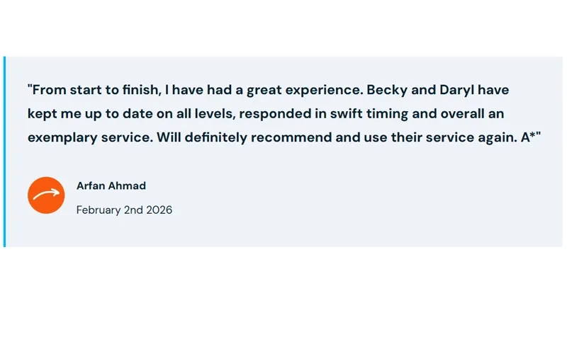 Customer testimonial praising service and responsiveness from Becky and Daryl, recommending their service. Dated February 2nd, 2026.