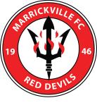 Red and white Marrickville FC logo featuring a black trident with red flames, encircled by "Marrickville FC Red Devils 1946."